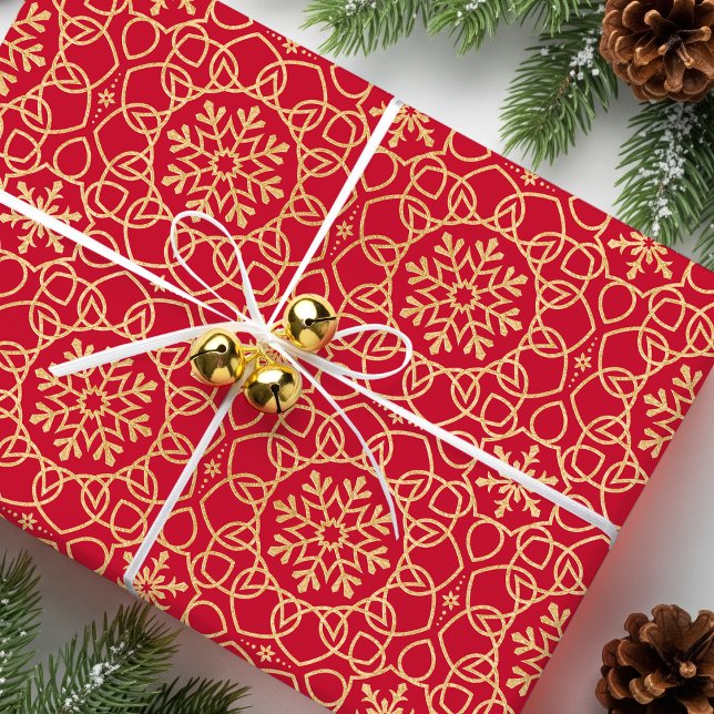 Elegant Christmas Snowflake Faux Gold Red Wrapping Paper (Creator Uploaded)