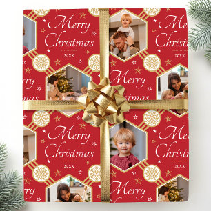 Elegant Christmas Snowflake Photo Collage Red Wrapping Paper