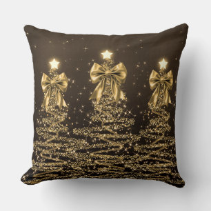 Elegant Christmas Sparkling Trees Gold Faux Bow Throw Pillow