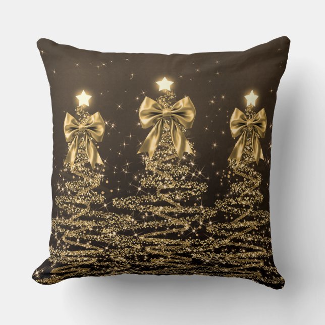 Elegant Christmas Sparkling Trees Gold Faux Bow  Throw Pillow (Front)