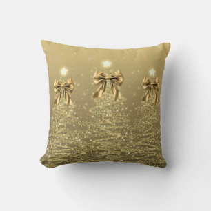 Elegant Christmas Sparkling Trees Gold Faux Bow Throw Pillow