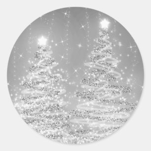 Elegant Christmas Sparkling Trees Silver  Classic Round Sticker