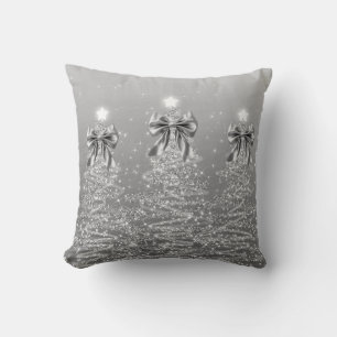 Elegant Christmas Sparkling Trees Silver Faux Bow Throw Pillow