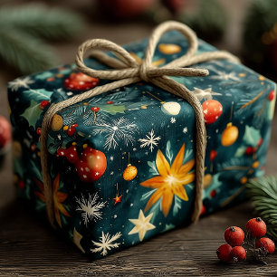 Elegant Christmas Stars Ornaments Winter Botanical Wrapping Paper