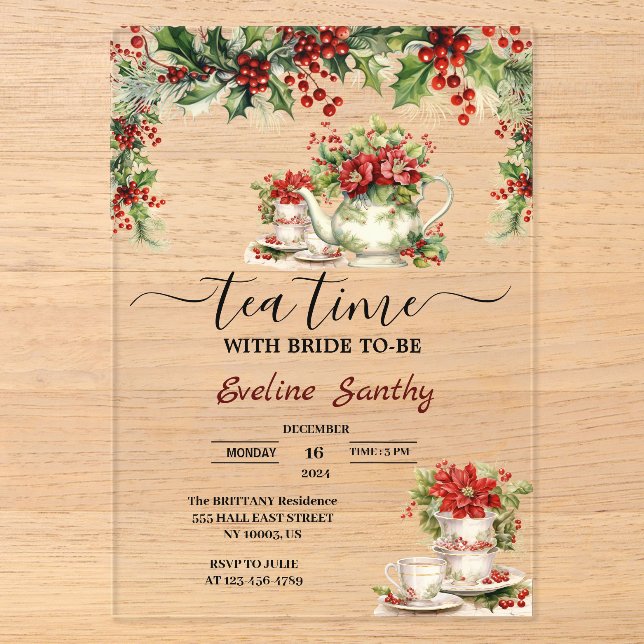 Elegant Christmas Tea Party Floral Bridal Shower Acrylic Invitations (Front)