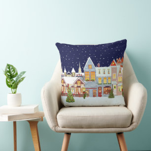 Elegant Christmas Town on Navy Blue  Throw Pillow