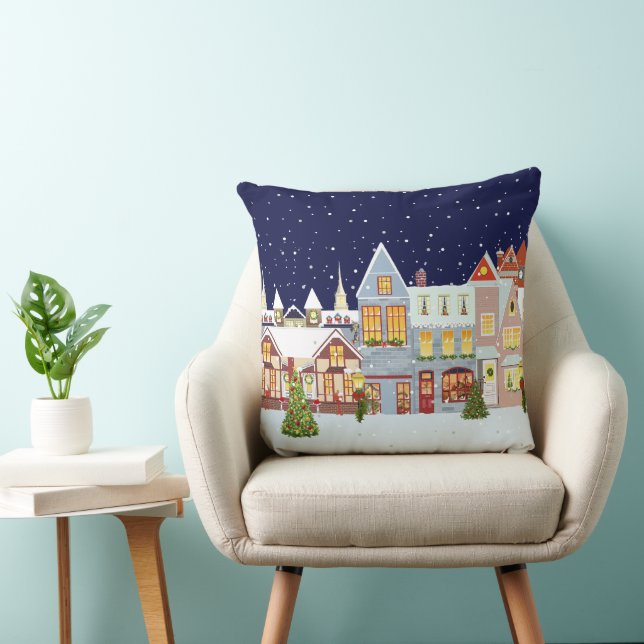 Elegant Christmas Town on Navy Blue  Throw Pillow (Chair)
