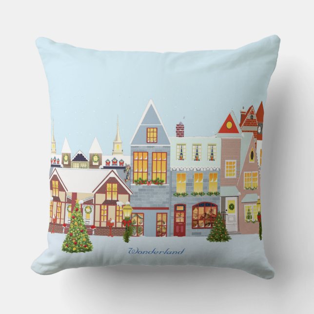 Elegant Christmas Town with Light Blue Background Throw Pillow (Front)