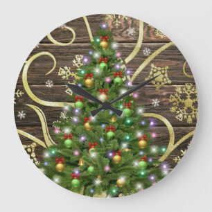 Elegant Christmas Tree Barn Wood Gold Design Large Clock