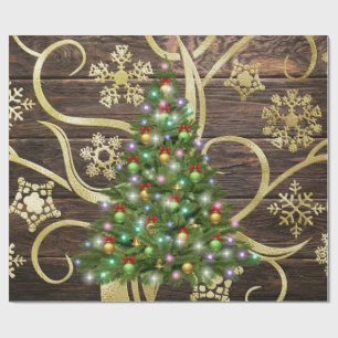 Elegant Christmas Tree Barn Wood Gold Design Wrapping Paper