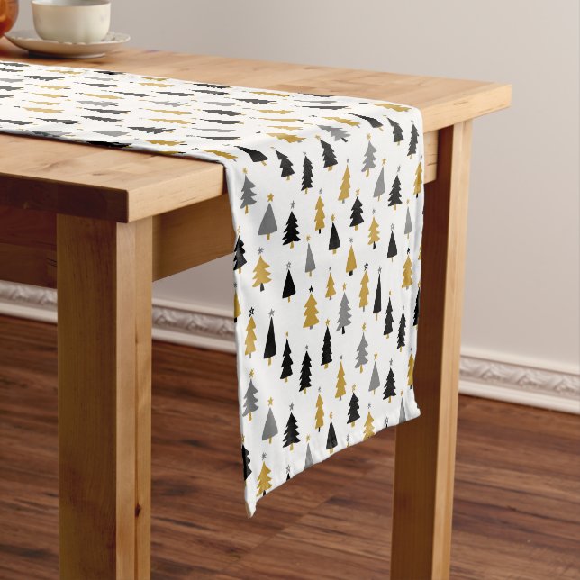 Elegant Christmas Tree Black Gold Holiday Short Table Runner (In Situ)