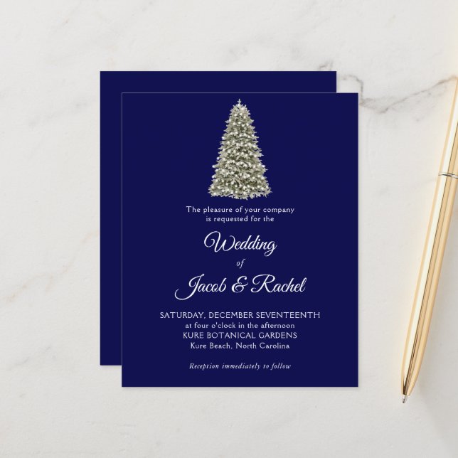 Elegant Christmas Tree Blue Budget Wedding Invite (Front/Back In Situ)