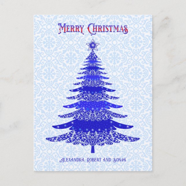 Elegant Christmas Tree Blue Personalized Holiday Postcard (Front)