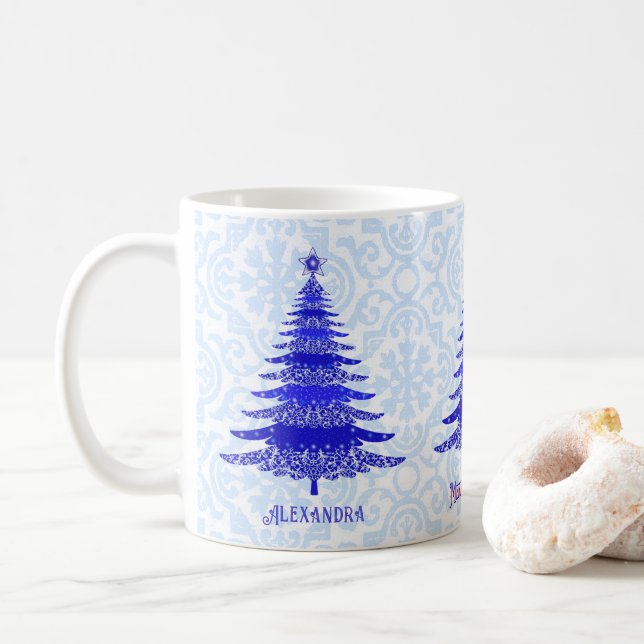 Elegant Christmas Tree Blue Personalized Snowflake Coffee Mug (With Donut)