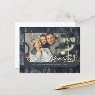 Elegant Christmas Tree Dark Blue Family Photo Holiday Postcard