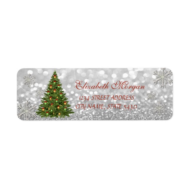 Elegant Christmas Tree Glittery Snowflakes Label (Front)