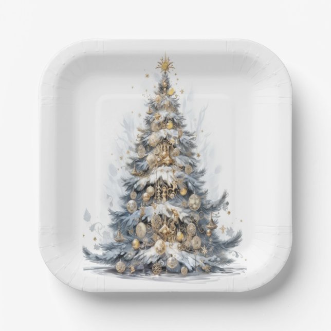  Elegant Christmas Tree Gold Ornaments Snow Paper Plate (Front)