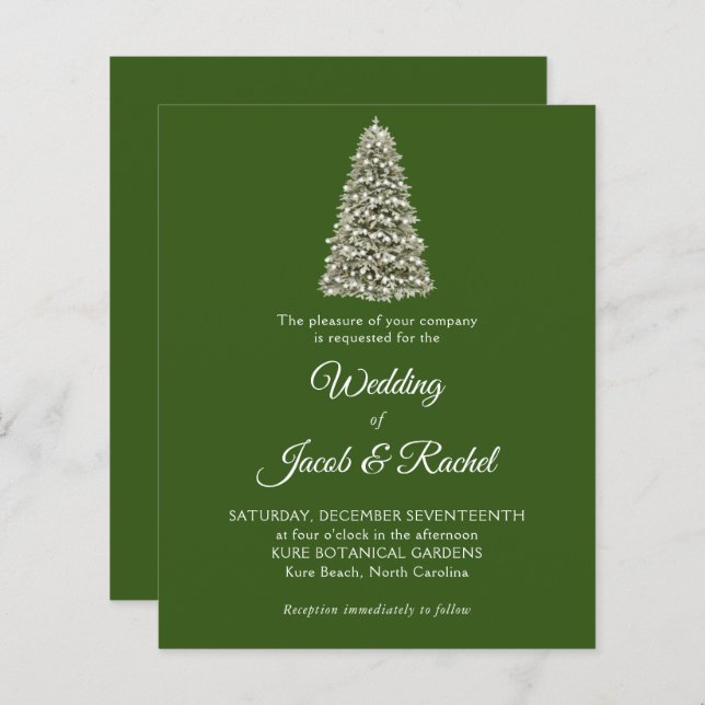 Elegant Christmas Tree Green Budget Wedding Invite (Front/Back)