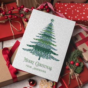 Elegant Christmas Tree Green White Personalized Holiday Card