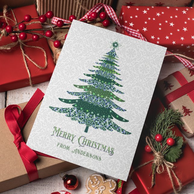 Elegant Christmas Tree Green White Personalized Holiday Card (Creator Uploaded)