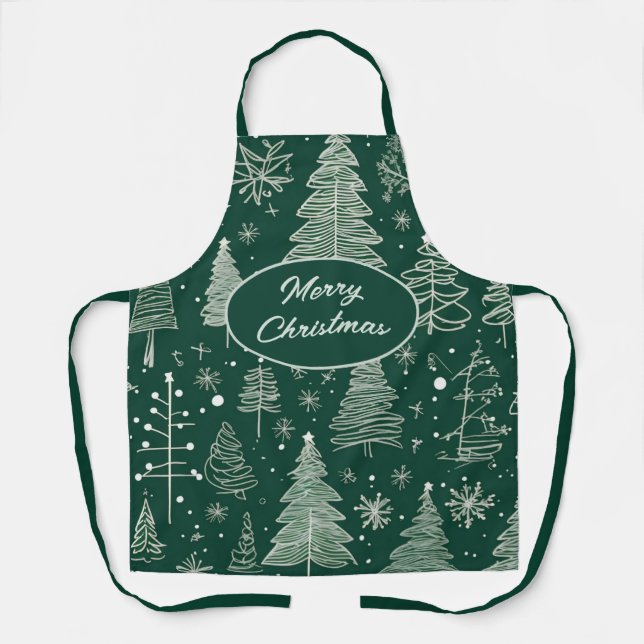Elegant Christmas Tree Holiday Line Art Pattern  Apron (Front)