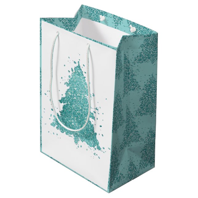 Elegant Christmas Tree | Luxe Aqua Mint Splatter Medium Gift Bag (Back Angled)