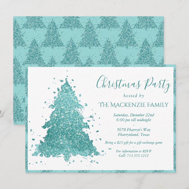 Elegant Christmas Tree | Luxe Aqua Teal Party Holiday Card (Front/Back)
