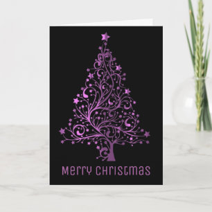 Elegant Christmas Tree Metallic Pink Look Black Holiday Card