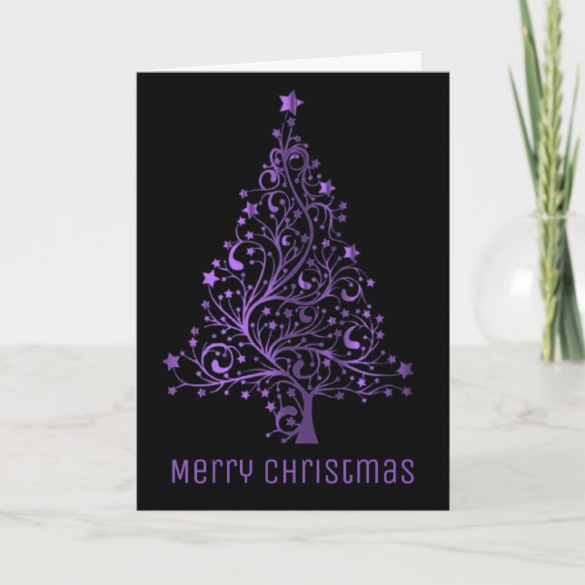 Elegant Christmas Tree Metallic Purple Black Shiny Holiday Card (Front)