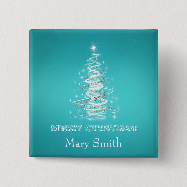 Elegant Christmas Tree Name Blue Custom 2 Inch Square Button (Front)