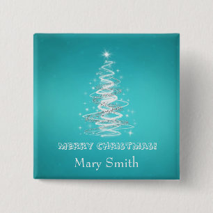 Elegant Christmas Tree Name Blue Custom 2 Inch Square Button