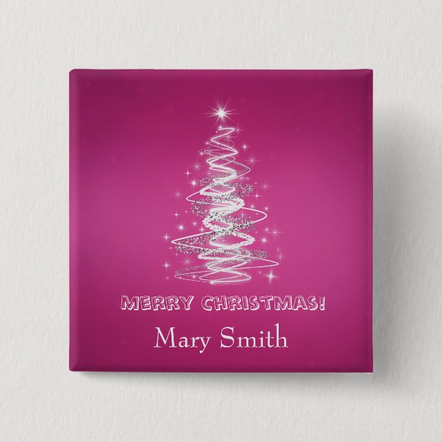 Elegant Christmas Tree Name Pink Custom 2 Inch Square Button (Front)