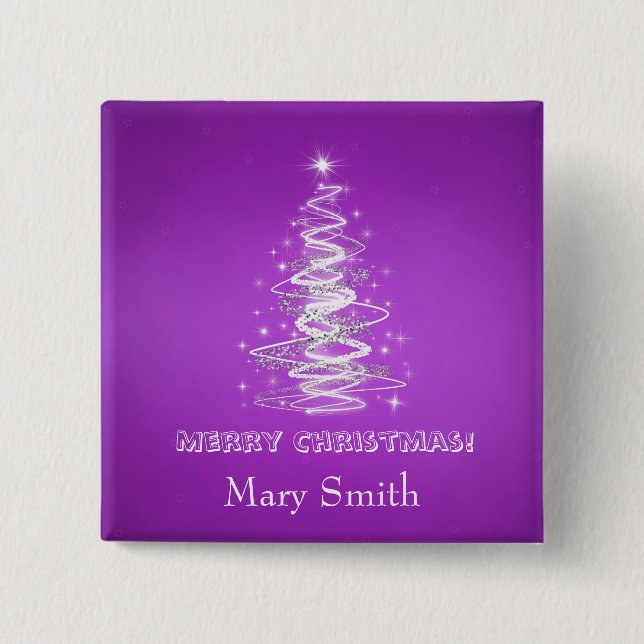 Elegant Christmas Tree Name Purple Custom 2 Inch Square Button (Front)