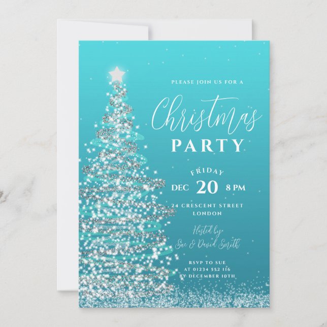 Elegant Christmas Tree Party Silver Teal Holiday Invitation (Front)