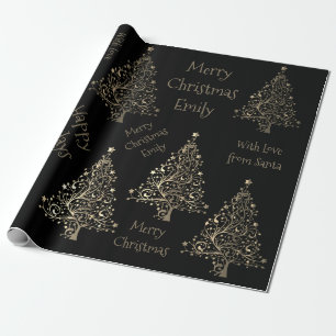 Elegant Christmas Tree Pattern with Name Black Wrapping Paper