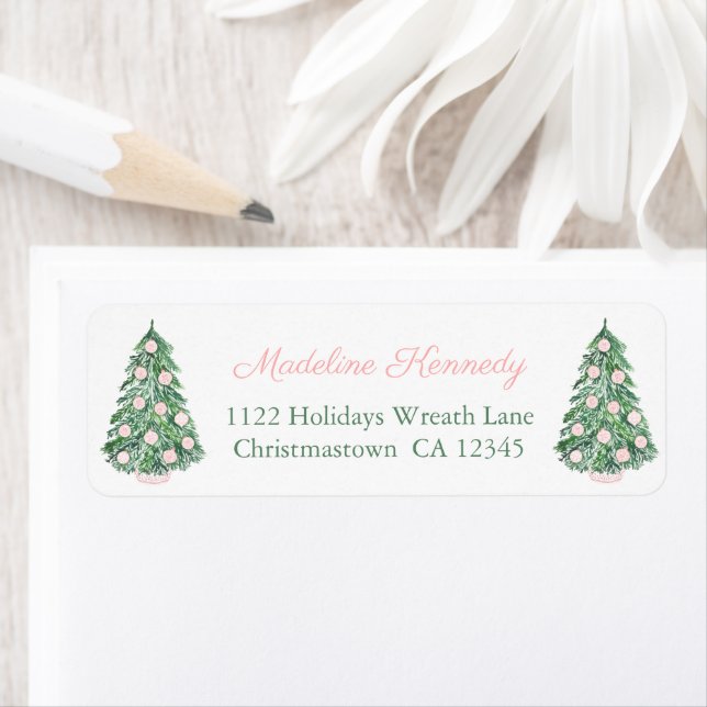 Elegant Christmas Tree Pink Baubles Return Address (Insitu)