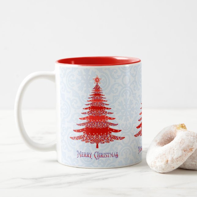 Elegant Christmas Tree Red Blue Two-Tone Coffee Mug (With Donut)