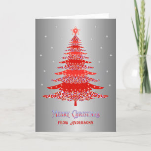 Elegant Christmas Tree Red Silver Custom Name Holiday Card