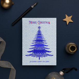 Elegant Christmas Tree Snowflake Blue Personalized Holiday Card