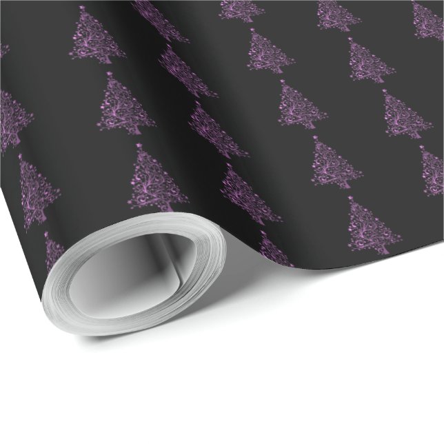 Elegant Christmas Tree Striped Pattern Black Pink Wrapping Paper (Roll Corner)