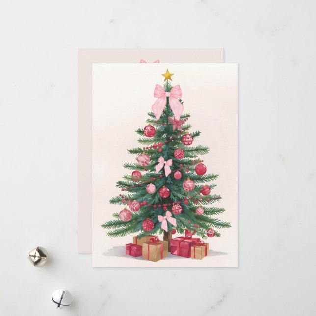 Elegant Christmas Tree with Pink Bows Holiday Card (Front/Back In Situ)