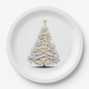 elegant christmas tree with sparkling lights paper plate