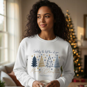 Elegant Christmas Trees Blue Gold Merry Christmas Sweatshirt