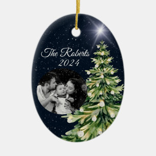Elegant Christmas Trees Dark Blue Family Photo Ceramic Ornament