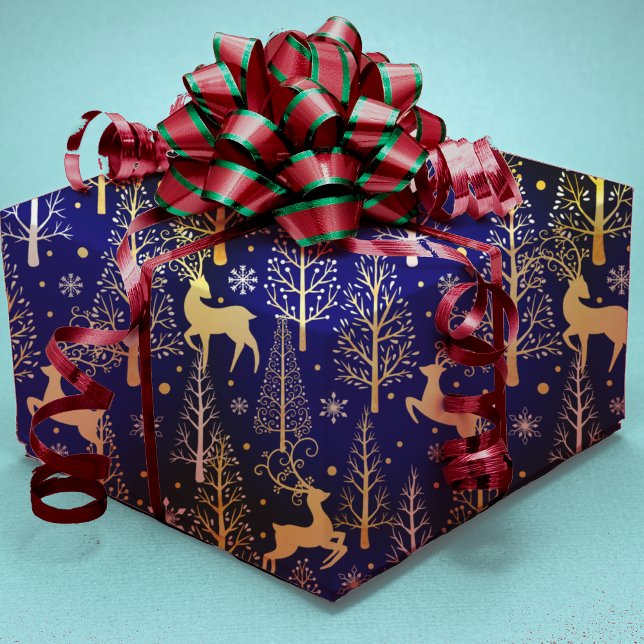 Elegant Christmas trees reindeers blue Wrapping Paper (Creator Uploaded)