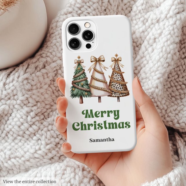 Elegant Christmas Trees Watercolor Leopard  Case-Mate iPhone Case (Elegant Christmas trees watercolor leopard phone case gift)