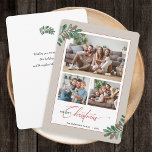 Elegant Christmas Typography 3 Photos Holiday Card<br><div class="desc">This Christmas card features elegant script typography and space for 3 photos. The design is accented with holiday greenery and berries on a linen border. Add your own personal message to the back of this holiday card.</div>