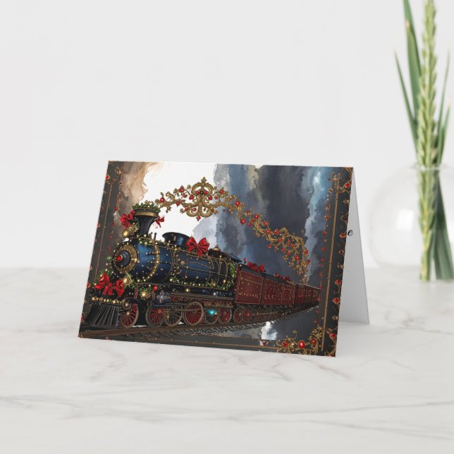 Elegant Christmas Victorian Steampunk Steam Train  Holiday Card (Front)