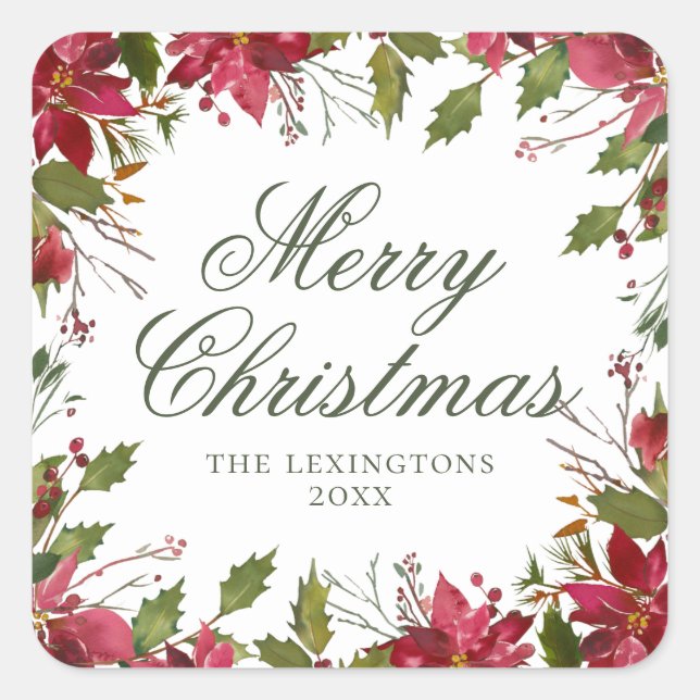 Elegant Christmas Watercolor Poinsettia Square Sticker (Front)