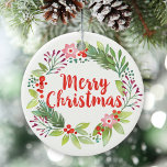 Elegant Christmas Watercolor Wreath Photo Ceramic Ornament<br><div class="desc">A pretty floral watercolor wreath Christmas ornament. Personalize it with your family photo on the back. Designed for you by Blackberry Boulevard.</div>